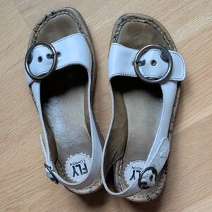 FLY London White Leather Slingback Sandals with Round Buckle, Size 38 (7 to 7.5)